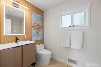 Large format Hex tile, slim shaker white oak vanity, full tub/shower