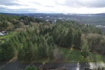 Aerial view of property looking towards the Columbia River. 114 Skyview Rd, Woodland a 5 acre corner lot.
