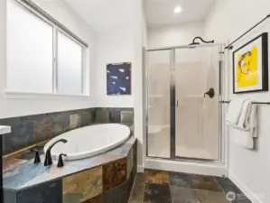 Primary bathroom with a soaking tub and walk in shower