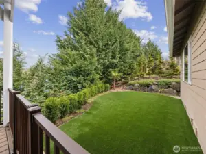 From the back deck looking into the easy maintenance artificial turf back yard.