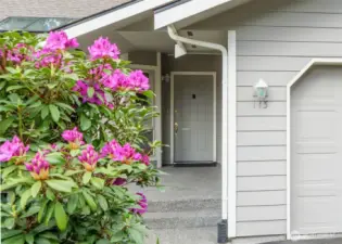 Entry to the left of the garage and right of the entry patio