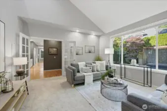 3rd Living room space; The Media Room!  French doord welcome you to this fabulous soaring ceilings room!  New black out blinds to include both skylights having black out blinds as well. Great spot in the home to kick back and enjoy binge watching your favorites!  Additionally you will find a 2nd staircase leading upstairs to 4 bedrooms & a large Bonus room! Again, this home lives extremely large!