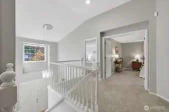 Beautiful, 2-story Front Entry staircase leads you to landing & all 4 beds, 2 baths, & Bonus room!  Pictured here is the French Door to Primary bed