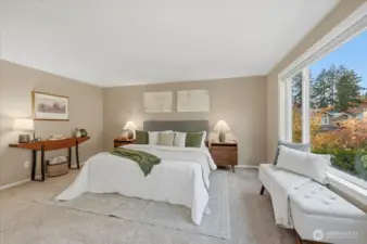 Large Primary bedroom offers being located in the back of home taking advantage of views of the back yard oasis, 5-piece updated ensuite, walk-in closet!  Quite the peaceful retreat!
