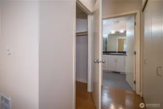 There are 2 closets between bedroom and bath