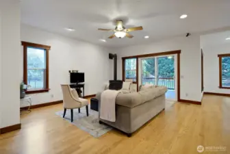 Main living area open to kitchen and dining area.