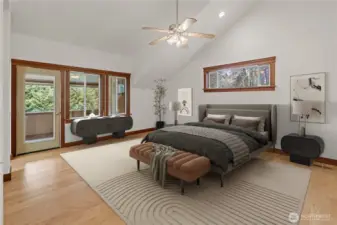 Second Bedroom Upstairs with access to kitchenette and covered deck.  Virtually Staged