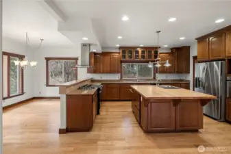 Kitchen with new stove, stainless steel appliances and large bar/eating area with space for a table too.