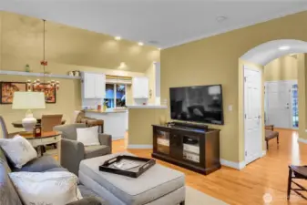 Family room with 9-foot ceiling, crown moulding, built-in speakers. Hallway with archway opening and barrel-ceiling passageway to Family room from entry foyer. Entry coat closet with paneled door. Oak-hardwood floor extends into dining room, family room and hallway to Primary ensuite.