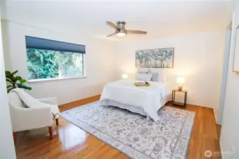 Spacious primary bedroom with hardwood floors, a large window overlooking the private back yard, and a ceiling fan.
