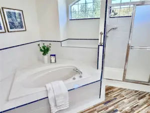 Unwind in the master bathroom's corner soaking tub or refresh in the separate shower with natural light from the large window.