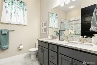 Guest bathroom, double vanity and walk in shower