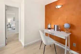 Office nook or closet?  You decide.  This space in Bedroom #2 was originally designed as a closet, but it also makes a great office nook.  Easy to add a closet bar or shelving for additional storage in this space.