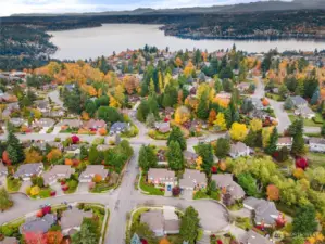 Aerial view capturing neighborhood setting and proximity to Lake Sammamish.