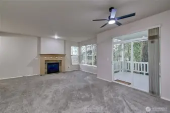 Patio doors lead you to the covered outdoor living area.