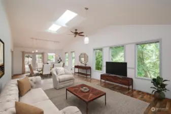 Family room with skylights view to trees