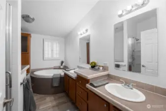 The Primary Ensuite bathroom offers dual vanity, shower and jetted tub to ease the day away!