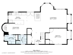 Main floor plan. Note two sets of stairs; spiral out of the kitchen area for direct access to the loft work-room. Main stairs access second floor bedrooms and stairs to third-floor primary suite.