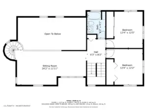 Second floor plan showing "Sitting Room", two bedrooms and a full bath.