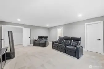 Currently used as a theatre, this could double as a second primary suite. The door on the right leads to the walk-in closet.