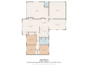 Spacious single-level floor plan with three bedrooms, large living room, formal dining area, breakfast nook, and generous garage space.