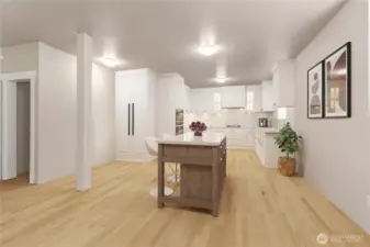 RENDERING of what could be done in the area plumbed for a kitchen in the basement.
