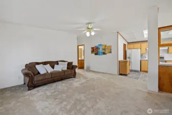 Spacious living room open to kitchen