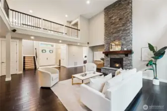 Floor to ceiling stone fireplace!