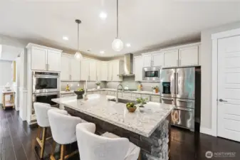 Double ovens, gas cooktop with hood, s/s refrigerator, oversized island