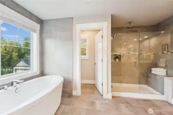 Tiled shower with rain head shower