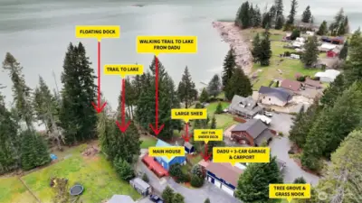 Alder Lake House features several buildings including main house, 2 bed/2 bath DADU the 3-car garage/shop, RV parking, private trail to waterfront access and a floating doc. Breathtaking views of Alder Lake's iconic  turquoise green waters right from your  window. Sit for hours watching the summer boaters and fisherman  bringing in their catch, kayakers and paddle boarders circling the lake. Spot the surrounding wildlife while seated at your dining table.