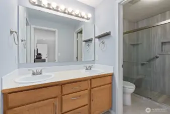 Primary bath with that newer shower and toilet.