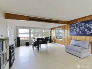 Looks out onto the deck and lake