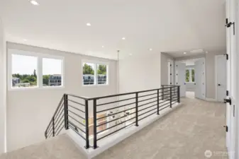 Open-concept upstairs landing with sleek metal railing, plush carpet, and large windows for abundant natural light.