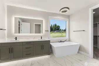 ChatGPT said:  Bright and stylish primary bath featuring a freestanding soaking tub, modern dual-sink vanity with quartz countertops, LED mirror, and serene backyard views.