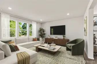 Great room area with large windows for natural light. Photo is representational. Actual home is under construction. Colors, materials, and features may vary. See site agent for details.