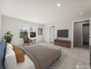 Large primary bedroom suite. Photo is representational. Actual home is under construction. Colors, materials, and features may vary. See site agent for details.