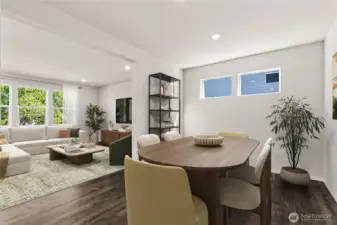 Formal dining flows into great room. Photo is representational. Actual home is under construction. Colors, materials, and features may vary. See site agent for details.
