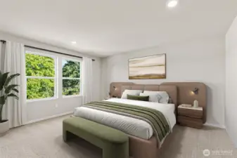 Large primary suite with large windows. Photo is representational. Actual home is under construction. Colors, materials, and features may vary. See site agent for details.