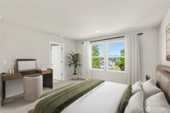 Primary suite with attached bathroom for convenience. Photo is representational. Actual home is under construction. Colors, materials, and features may vary. See site agent for details.