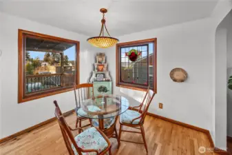The dining room is bright and spacious and has views of Puget Sound.