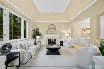 Elegant formal living room with soaring ceilings & classic millwork