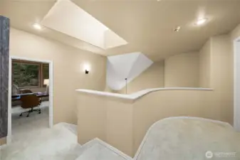 Sunlit upstairs landing with skylight, adding brightness and architectural interest