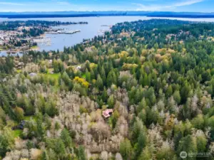 View from above looking east with Puget Sound and Seattle in the distance.
