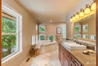 Spa-Inspired Ensuite with soaking tub, walk-in rain shower.