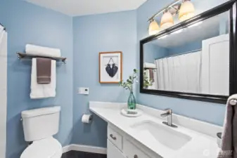 2nd bathroom with tub/shower, heated floor and quartz countertop