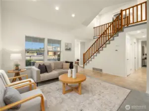 Vaulted ceilings in living room and dining room