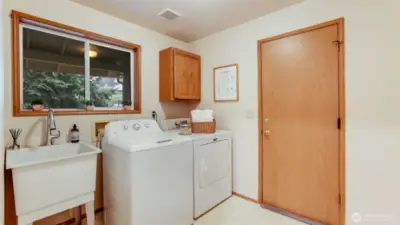 The utility room is just off of the garage ( 510 sq. ft. ). The laundry has a deep sink for projects, vinyl flooring, private window and the washer and dryer stays with the home.