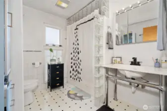Main bathroom on upper level, with frosted tiles for natural lighting.