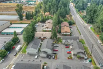 Drone photo of part of the Cherry Orchard complex.  Home is in building farthest on the right.